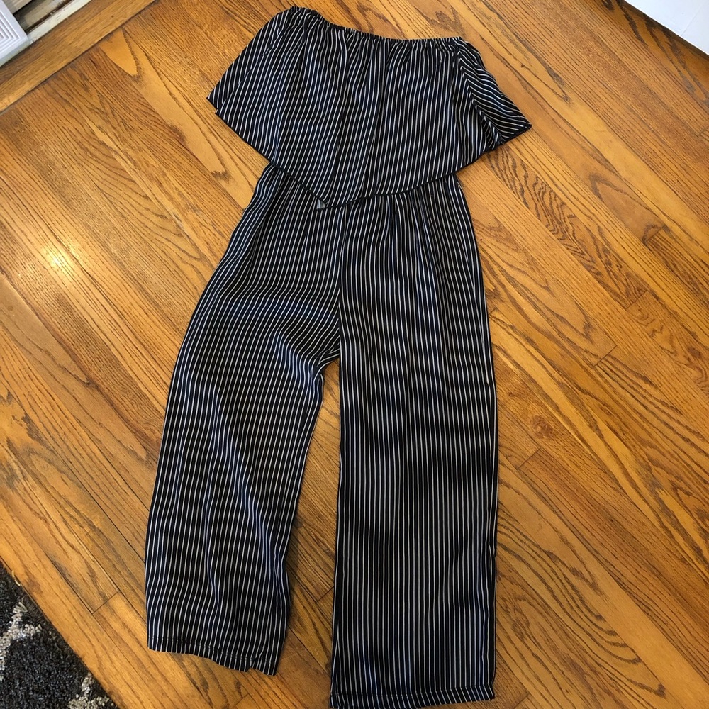 Striped Strapless Flounce Top Jumpsuit